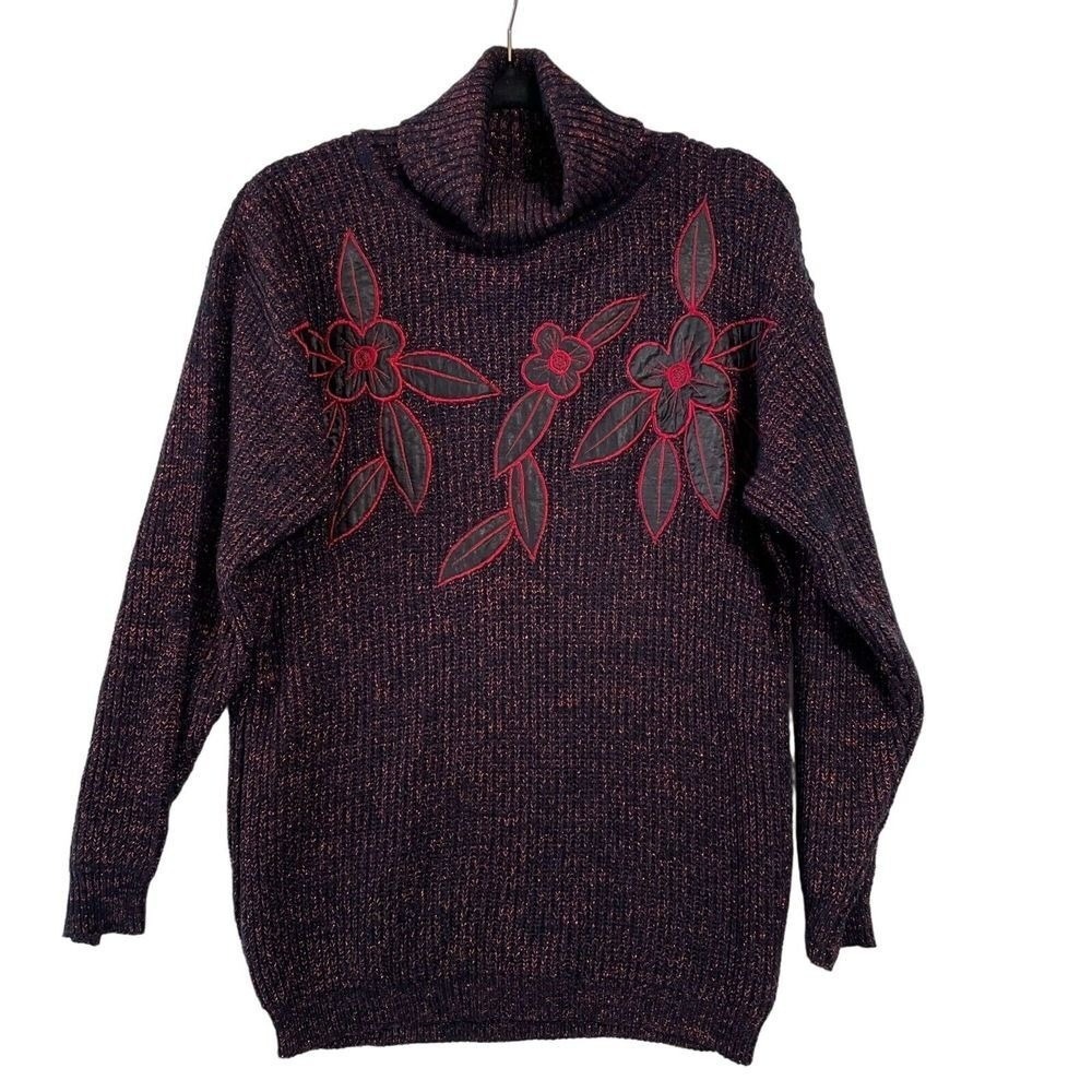 SML Sport Vintage Metallic Knit Turtleneck Sweater Floral Applique Size S‎ Women